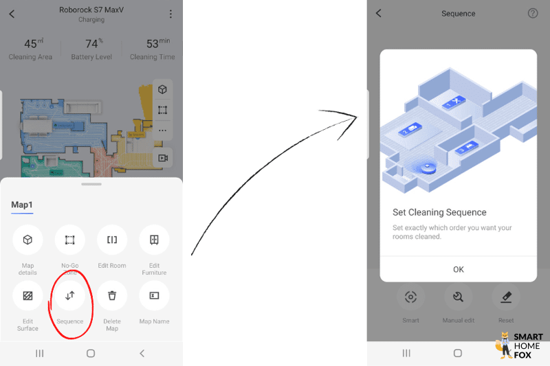 Порядок уборки помещений задается в приложении Roborock S7 MaxV Ultra.